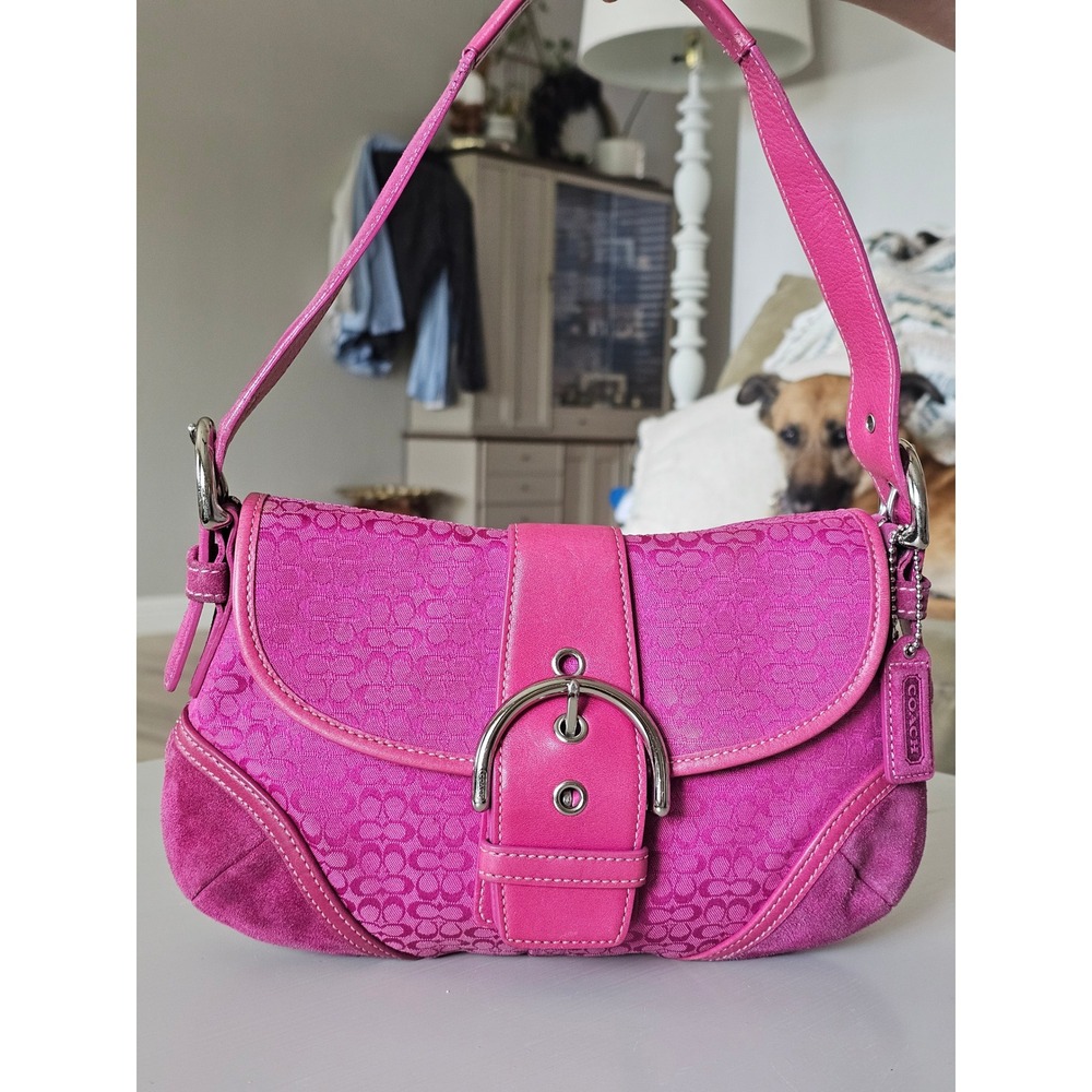 Coach Soho Pink Signature Buckle Flap Shoulder Bag 6818 Y2K Suede Trim